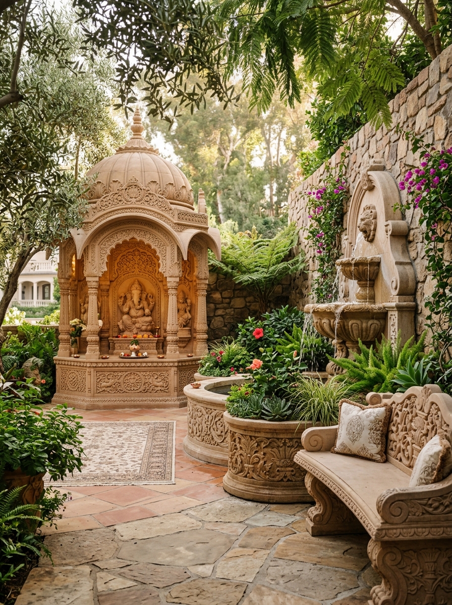 A serene, handcrafted stone courtyard with natural sunlight