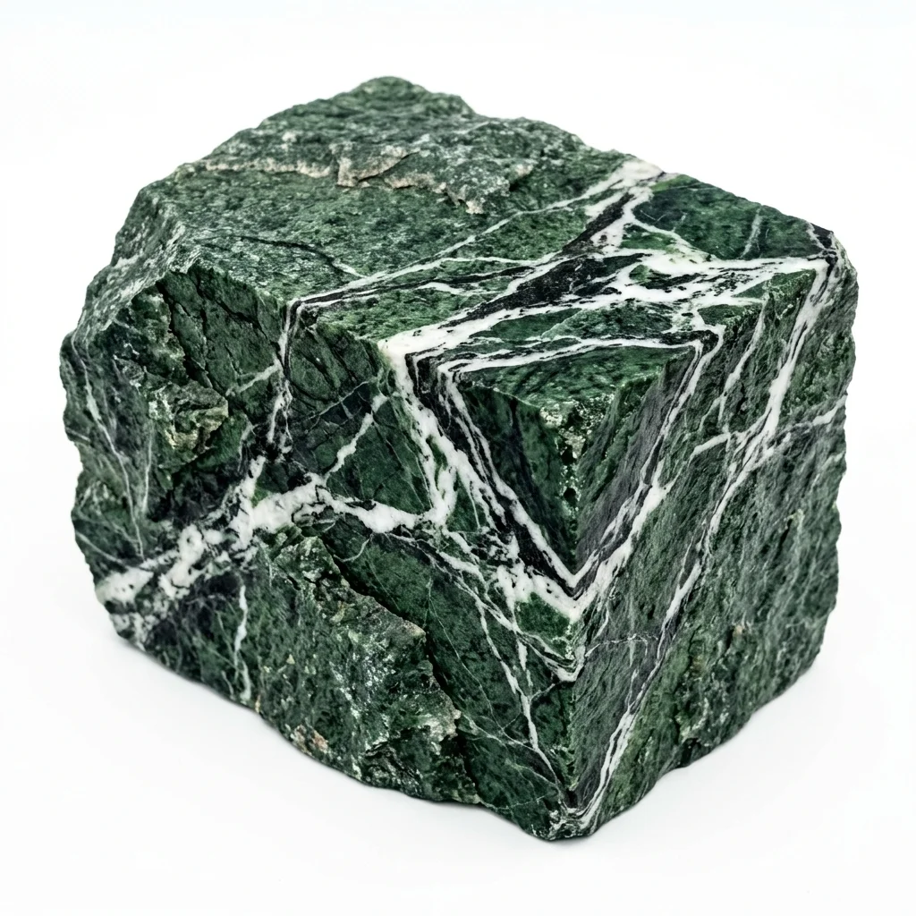 Rough natural-split Baroda Green Marble block sample with white veining
