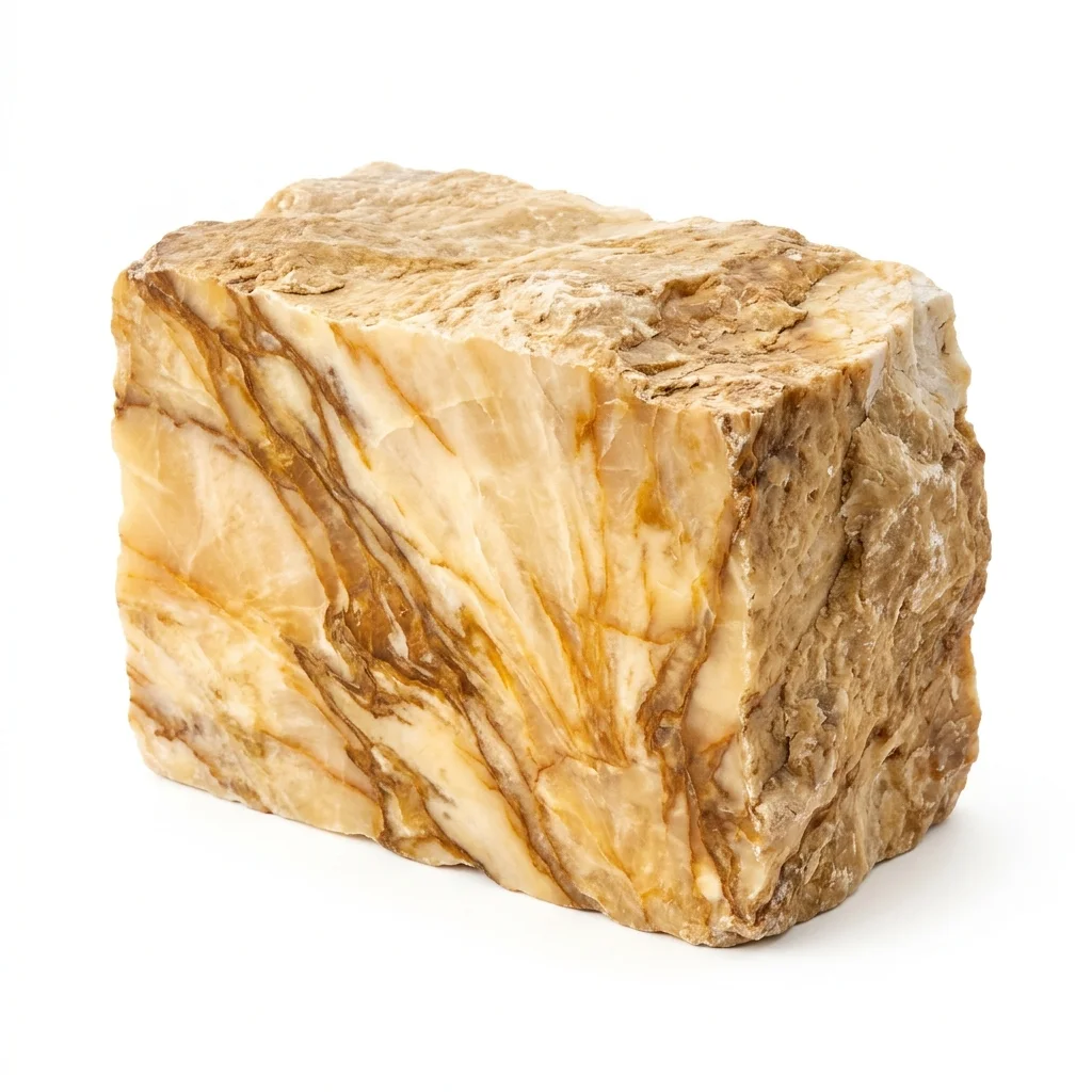 Rough natural-split Ita Gold Marble block sample with amber veining