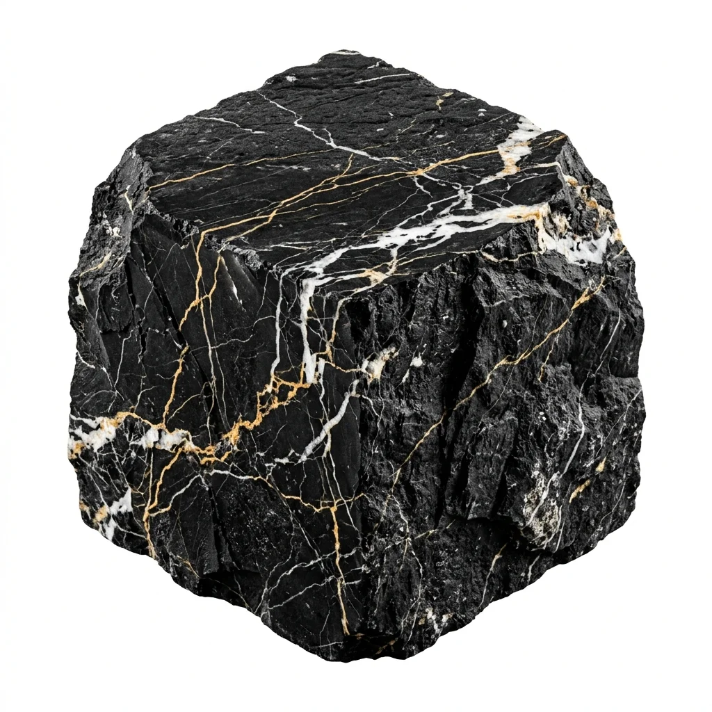 Rough natural-split Marine Black Marble block sample with gold veining