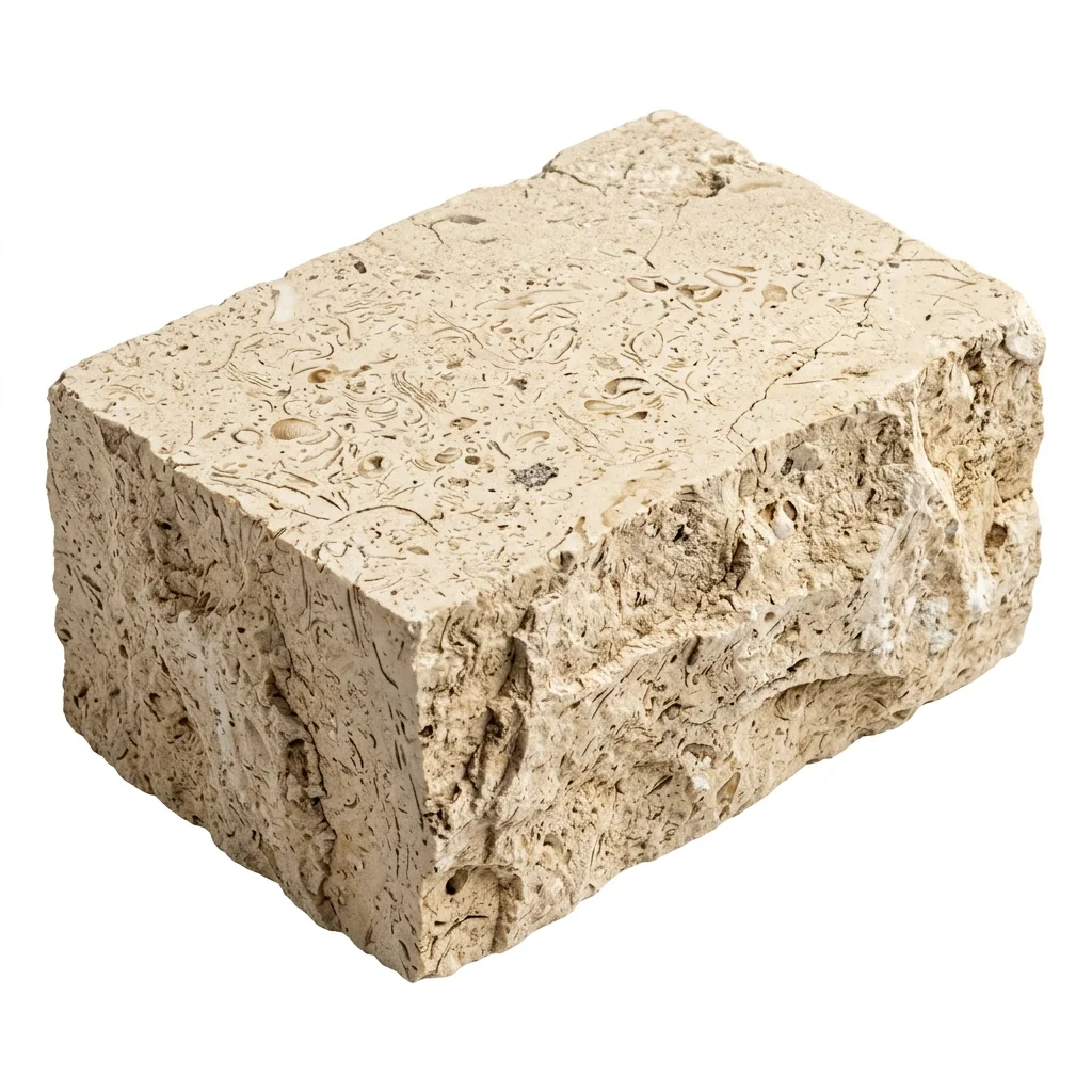 Rough natural-split Moca Crema Limestone block sample with fossil inclusions