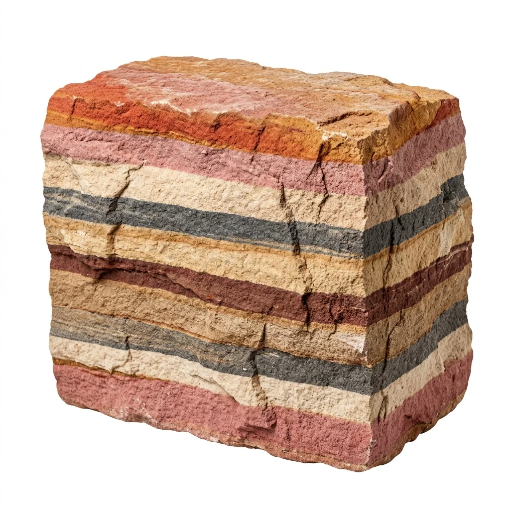 Rough natural-split Rainbow Sandstone block sample showing multi-coloured strata