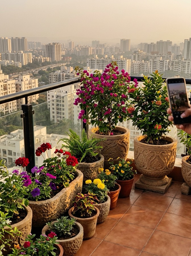 Stone planters on P. Mehta's terrace garden, Pune